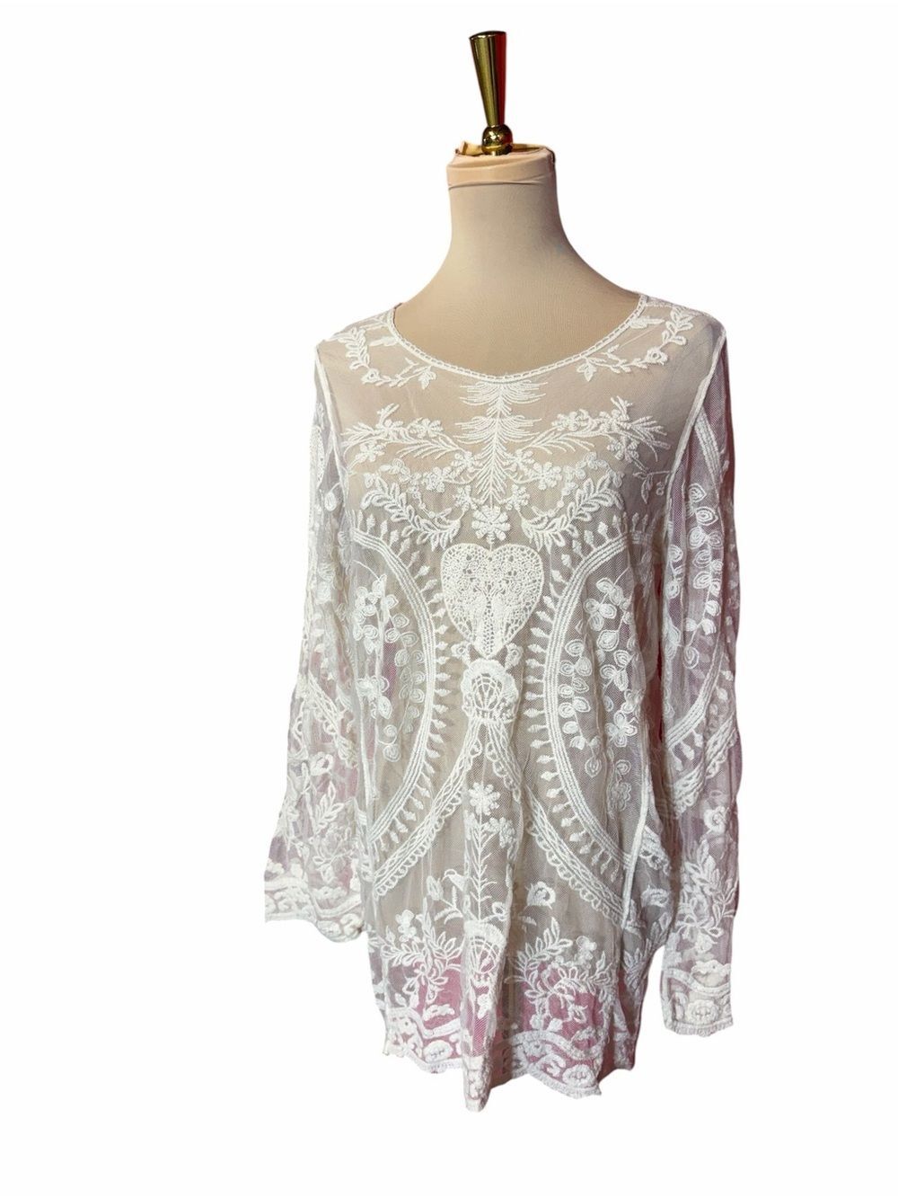 Phase One Sheer Embroidered Lace Blouse White Boho Festival Top Size M